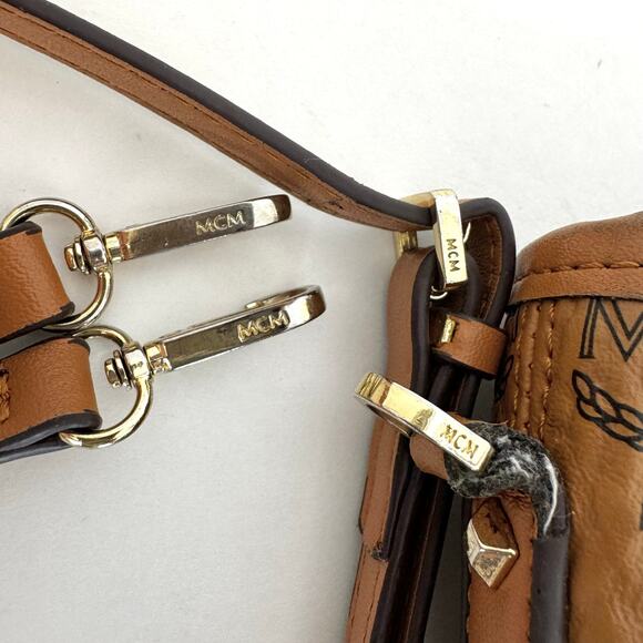 MCM Visetos Mini Anya Top Zip Shopper Tote Crossbody Handbag Cognac Brown #10947 - Picture 15 of 16